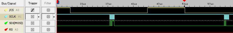 図48、リスト1のSPI.setClockDivider関数の引数を変え、SPIバスのクロック周波数を8MHzに変更した際の波形